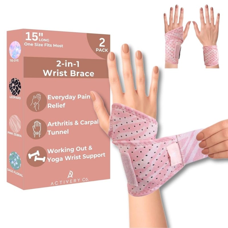 Activery Co Carpal Tunnel Wrist Brace Left Hand, Right Hand for Women, Day or Night Compression Wrist Support Brace for Fitness, Keyboard Use, or Overnight Support, 2 Pack, Pink Zebra Print - Image 1